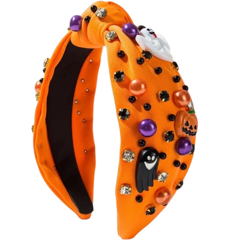 Orange Halloween Knotted Faux Pearl and Rhinestone Charm Headband